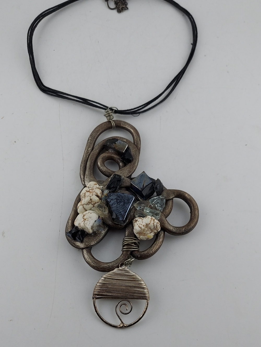 Vintage Bronze-Tone Pendant Necklace with Black and Cream Accents